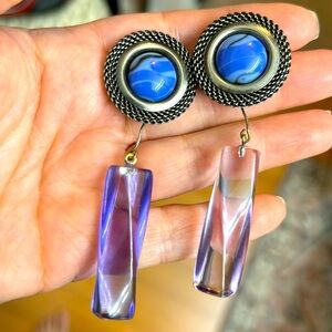 Designer Vintage 80’s Purple and Blue Lucite Silver Dangle Earrings